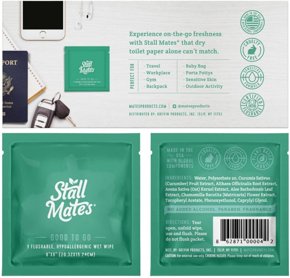 Stall Mates Wipes: Flushable, individually wrapped wipes for travel Unscented with Vitamin-E & Aloe (30 on-the-go singles)