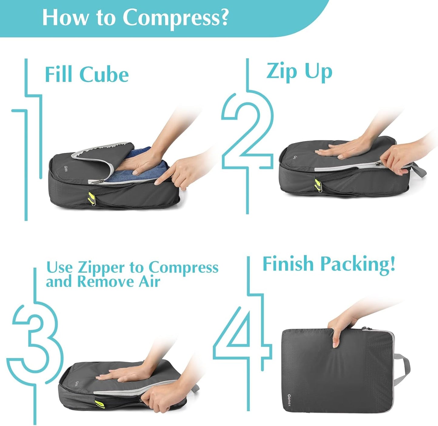 Gonex 4 Piece Set Storage Suitcase Storage Bag Portable Cosmetic Clothing Expandable Cubes, Packing Cube Set Travel Organizer, Grey