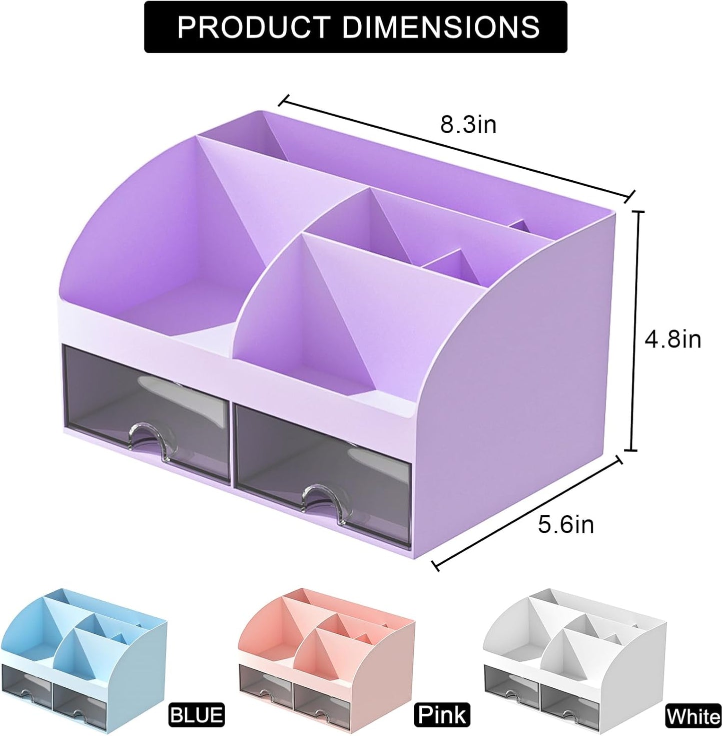 COMFYROOM Desk Organizer and Accessories with 6 Compartments and 2 Drawers, Plastic Makeup Organizer, Pen Holder for Desktop Storage, Desk Organization for School, Home, Office Supplies (Purple)