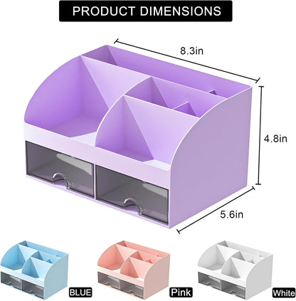 COMFYROOM Desk Organizer and Accessories with 6 Compartments and 2 Drawers, Plastic Makeup Organizer, Pen Holder for Desktop Storage, Desk Organization for School, Home, Office Supplies (Purple)