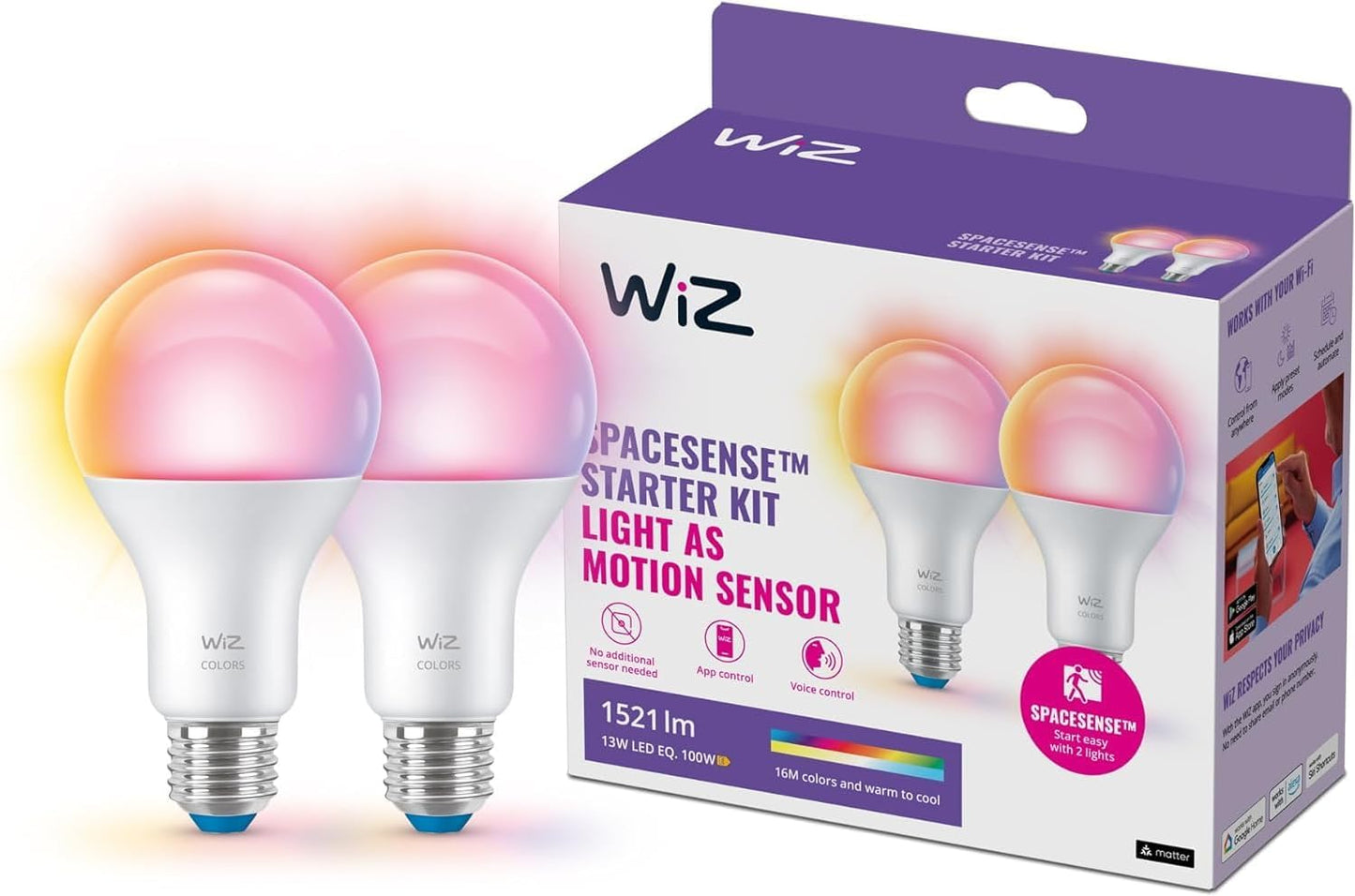 WiZ Smart Frosted Drop Light Bulb, 100W, E27, 2 Pieces, SpaceSense Technology, Voice Control, White or Coloured Light, Dimmable