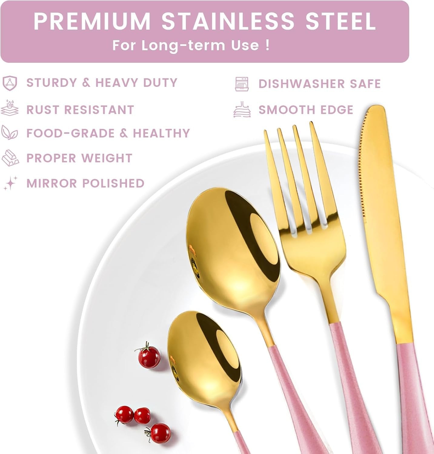 24-Piece Flatware Set with Organizer, Heavy Duty Stainless Steel Silverware for 6, Pink Cutlery Utensil Sets with Antiskid Handle, Rust-Proof Cutlery with Mirror Polished (Pink)