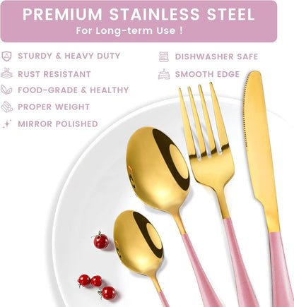 24-Piece Flatware Set with Organizer, Heavy Duty Stainless Steel Silverware for 6, Pink Cutlery Utensil Sets with Antiskid Handle, Rust-Proof Cutlery with Mirror Polished (Pink)