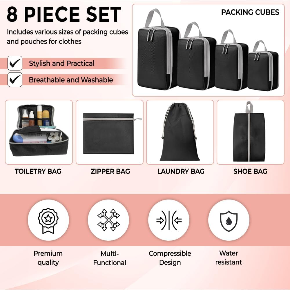 UniPro GOODS- Travel Bag Luggage Organizers 8 piece set- Compression Packing Cubes for Suitcases, Drawstring Pouch and Shoe Bag, Travel Accessories, More Lightweight and Durable