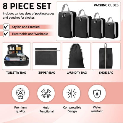 UniPro GOODS- Travel Bag Luggage Organizers 8 piece set- Compression Packing Cubes for Suitcases, Drawstring Pouch and Shoe Bag, Travel Accessories, More Lightweight and Durable