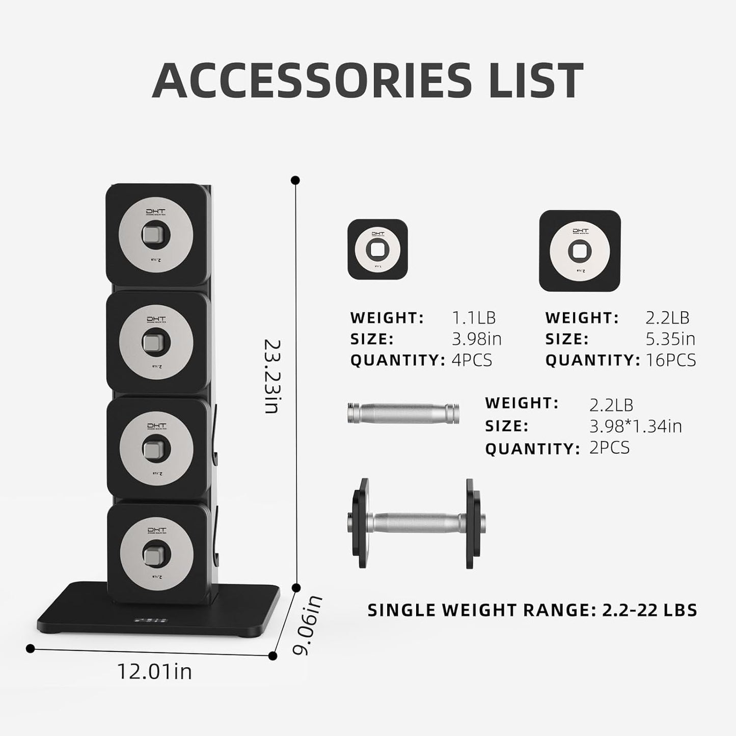 DHT Dumbbell Sets with Rack, Free Weights Dumbbells Set, All-Purpose Fitness, Anti-Rolling, Weights Set for Gym, Home, Office, 4-22.8 lbs, 1 Set