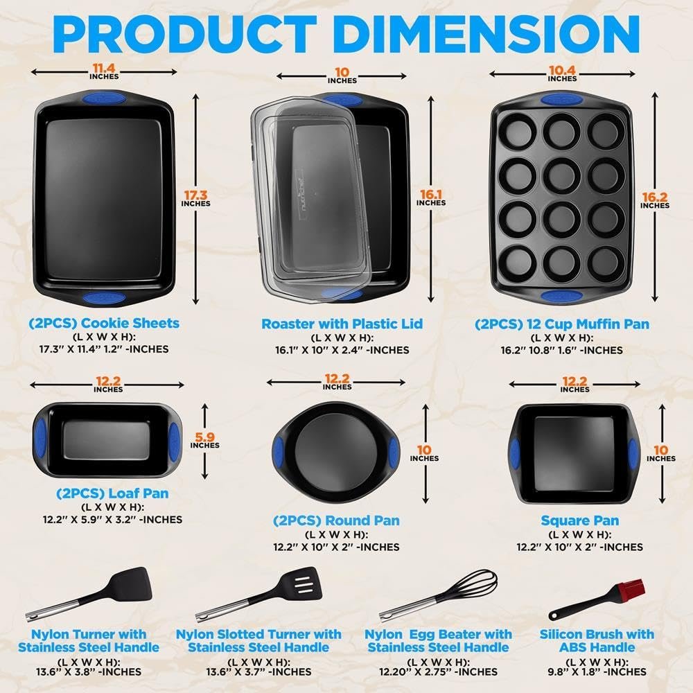 NutriChef Bakeware Set 15-Piece - Nonstick Carbon Steel W/Blue Silicone Handles, Includes 2 Round Pans, 2 Cookie Sheets, 2 Muffin Pans, 2 Loaf Pans, Square Pan, Roaster Pan w/Lid, Nylon Utensils, Gray