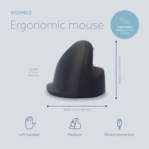 R-Go HE Vertical Ergonomic Mouse, Left Hand, Break Software, Wired, Prevents Tennis Elbow/Mouse Arm RSI, Silent Click, 5 Buttons - Compatible Windows/Mac/Android/Linux, Black/Silver