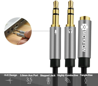 Combo Audio Adapters Cable Headphone Y Splitter with Mic and Audio Male to Female 3.5mm PC Headset Extension Stereo Jack Cables for Computer,Laptop,Earphone and More 3.9 Inch (Black)