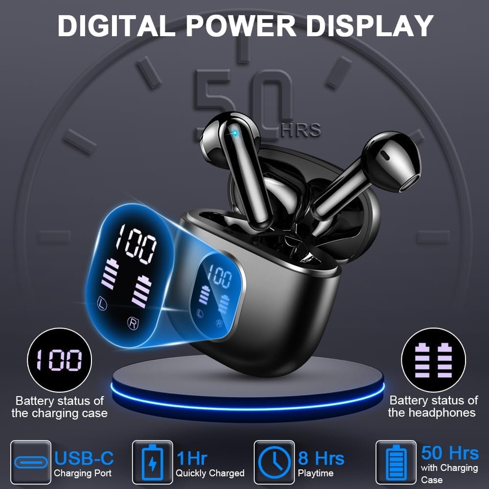 Wireless Earbuds, 2024 Bluetooth 5.4 Headphones-Deep Bass Stereo Ear Buds with ENC Noise Canceling Mic, 50Hrs Bluetooth Earbuds-Clear Call/LED Displays, IP7 Waterproof Earphones Wireless Android-Black