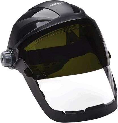 Jack Safety 14230 Quad 500 Premium Multi-Purpose Face Shield/Face Guard; Ratcheting Headgear, Clear Tint, Anti-Fog Coating, Visor Face Protection with 5 IR Rated Flipshade