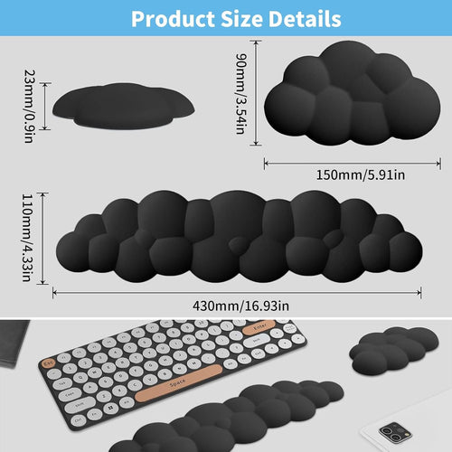 Keyboard & Wrist Rest Pad Set of 2, Keyboard Cloud Wrist Rest, Ergonomic Soft Cloud Mouse Pad with Non-Slip Base, PU Leather Memory Foam Soft Keyboard Rest for PC Gaming Office Computer (Black)