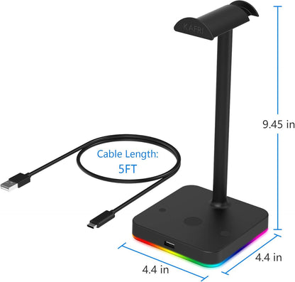RGB Headphone Stand with USB Hub, KAFRI Desk Gaming Headset Holder Hanger Rack with 1 USB2.0 Extension Charging Port Cord - Suitable for Gamer Desktop Table Game Earphone Accessories