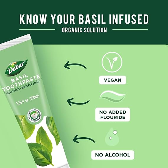 Dabur Herbal Toothpaste - Oral Care with All Natural, Fluoride-Free Formula & Healthy Toothpaste Bliss- Infused Brilliance for a Naturally Fresh Breath- Basil 100ml (Pack of 3)