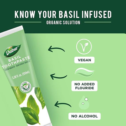 Dabur Herbal Toothpaste - Oral Care with All Natural, Fluoride-Free Formula & Healthy Toothpaste Bliss- Infused Brilliance for a Naturally Fresh Breath- Basil 100ml (Pack of 3)