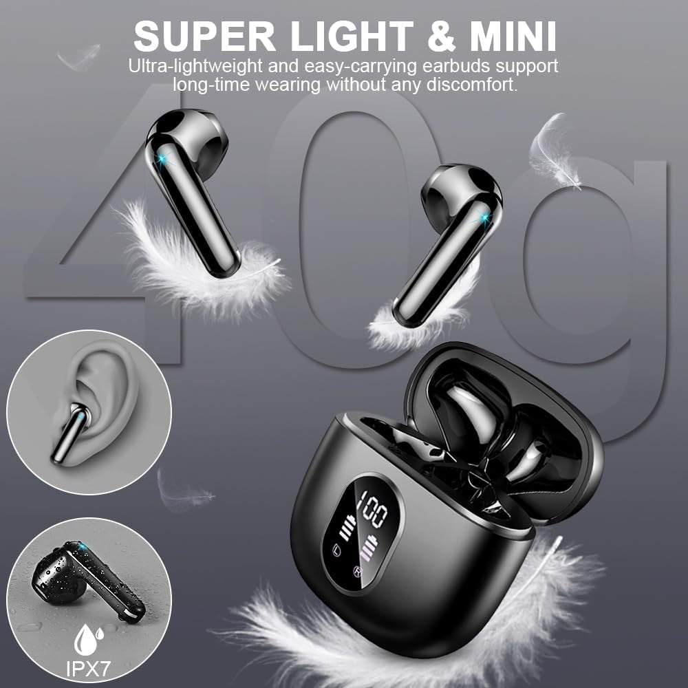 Wireless Earbuds, 2024 Bluetooth 5.4 Headphones-Deep Bass Stereo Ear Buds with ENC Noise Canceling Mic, 50Hrs Bluetooth Earbuds-Clear Call/LED Displays, IP7 Waterproof Earphones Wireless Android-Black