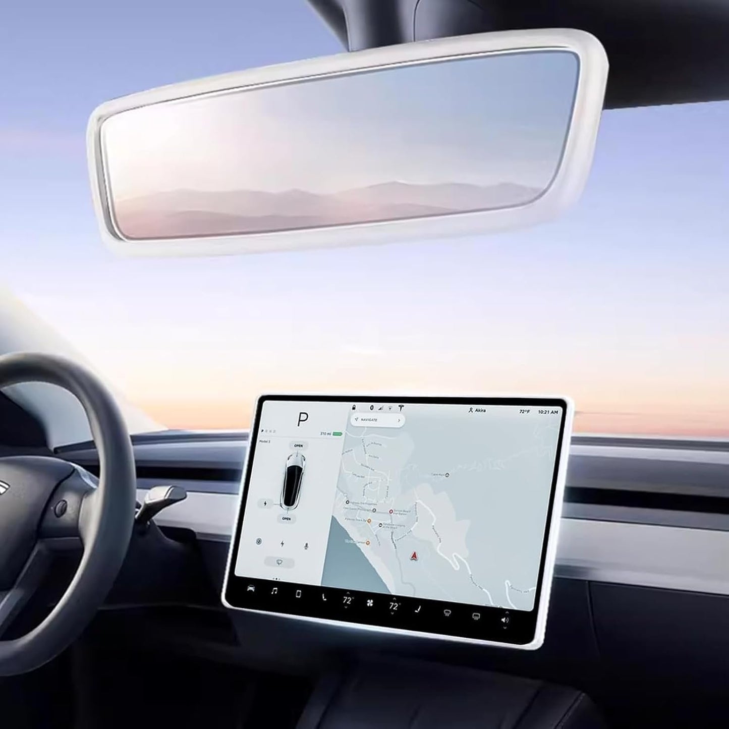 TSTESE 2PCS Protector Trim Frame Compatible with Tesla Model 3 Model Y (2019-2024 2025) Screen Edge Frame Rearview Mirror Cover Interior Silicone Decorations Center Console Decor Accessories (White)