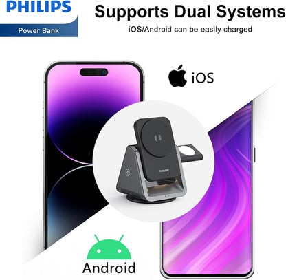 PHILIPS 3 in 1 Wireless Charging Station with Magsafe Qi | iPhone/Samsung | iWatch | Airpod | Multiple Charger Devices Station| Desktop/Portable Foldable Reliable 3X Devices with Ring & Decal (V2.0)