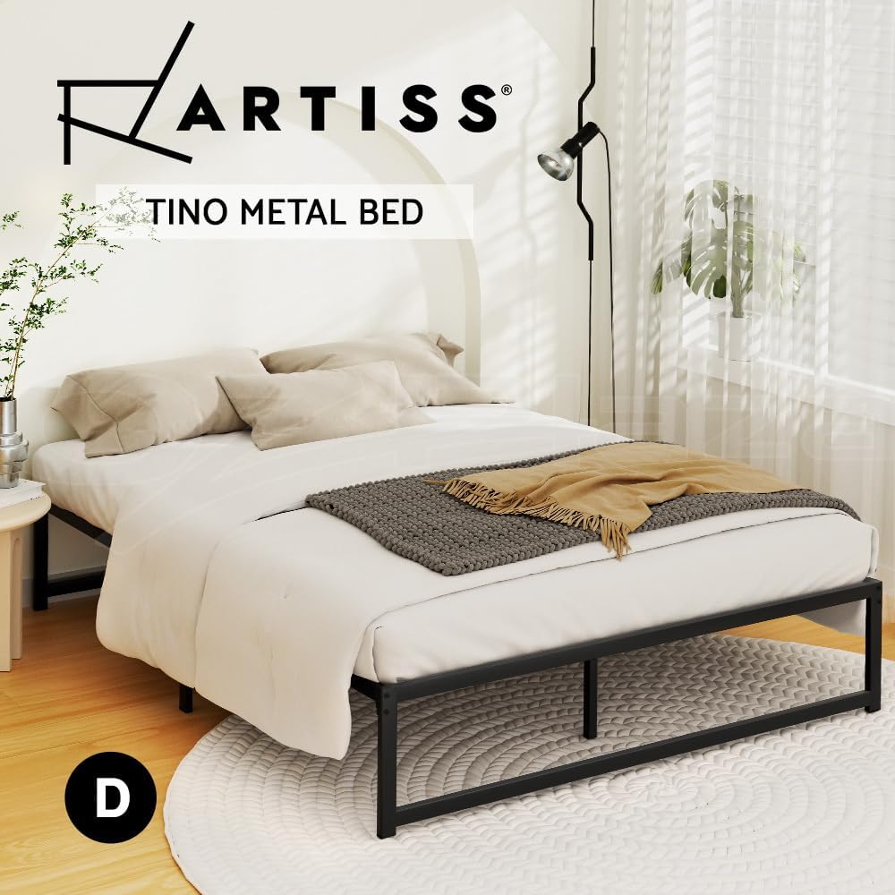 Artiss Double Metal Bed Frame with Headboard(Base Only), Metal Platform Bed with Easy Assembly, 300kg Capacity Heavy-Duty Metal Slats with Under Bed Storage for Master Room/Guest Room, Black