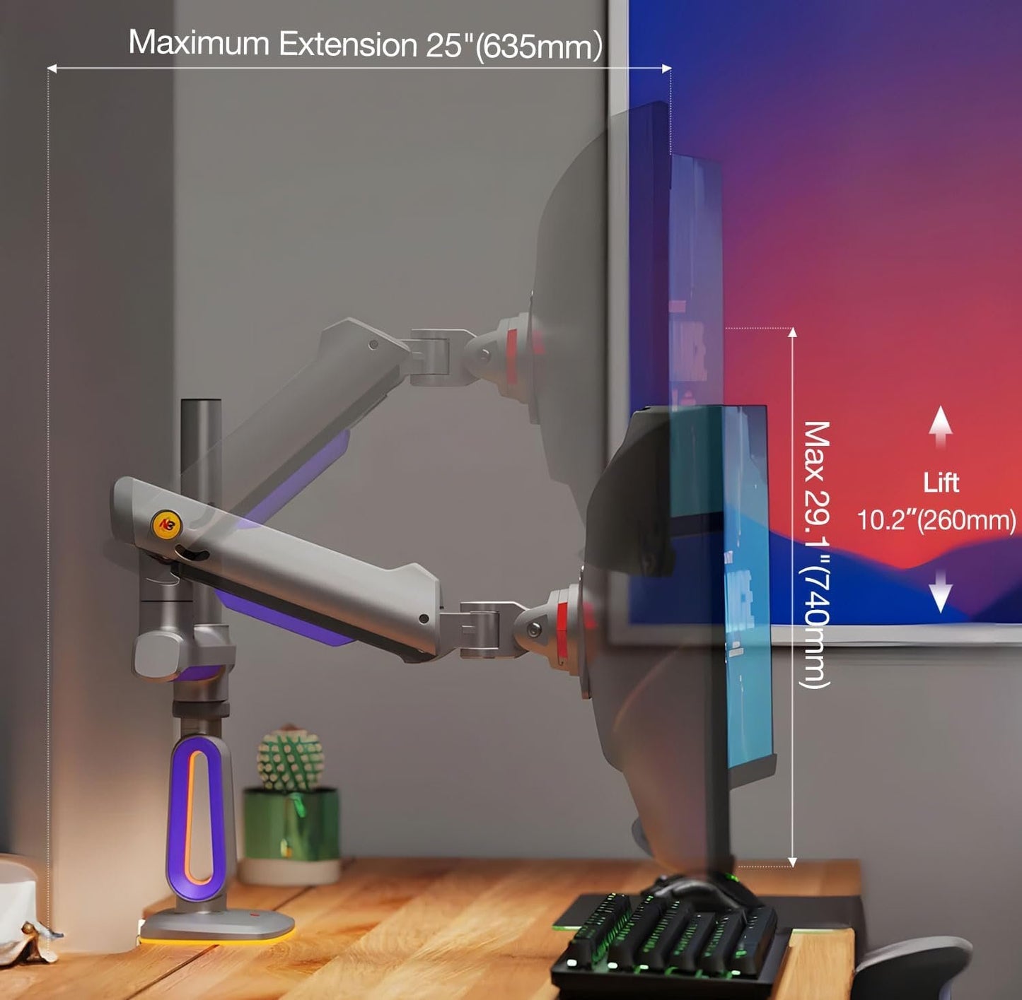 NB ERGONOMIC RGB Gaming Monitor-Arm for Flat/Ultrawide/Curved Monitors 32 to 60 inch, Heavy Duty Stand Load up to 20 kg, VESA 75/100 mm Monitor Mount G80