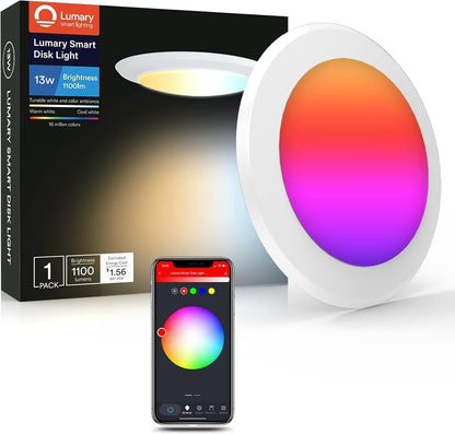 Lumary 13W Smart Flush Mount Ceiling Lights 5/6 Inch, RGBWW WiFi LED Disk Light, Color Changing 2700-6500K Dimmable Recessed Lighting, Surface Mount, Work with Alexa/Google Assistant
