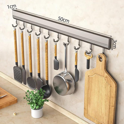 LNGFSH 2 Pieces Wooden Iron Kitchen Utensil Holder Bar Kitchen Knife Holder No Holes Needed for Bathroom Gadgets, Frying Pans, Cups (Grey, with 10 Hook 50 cm)