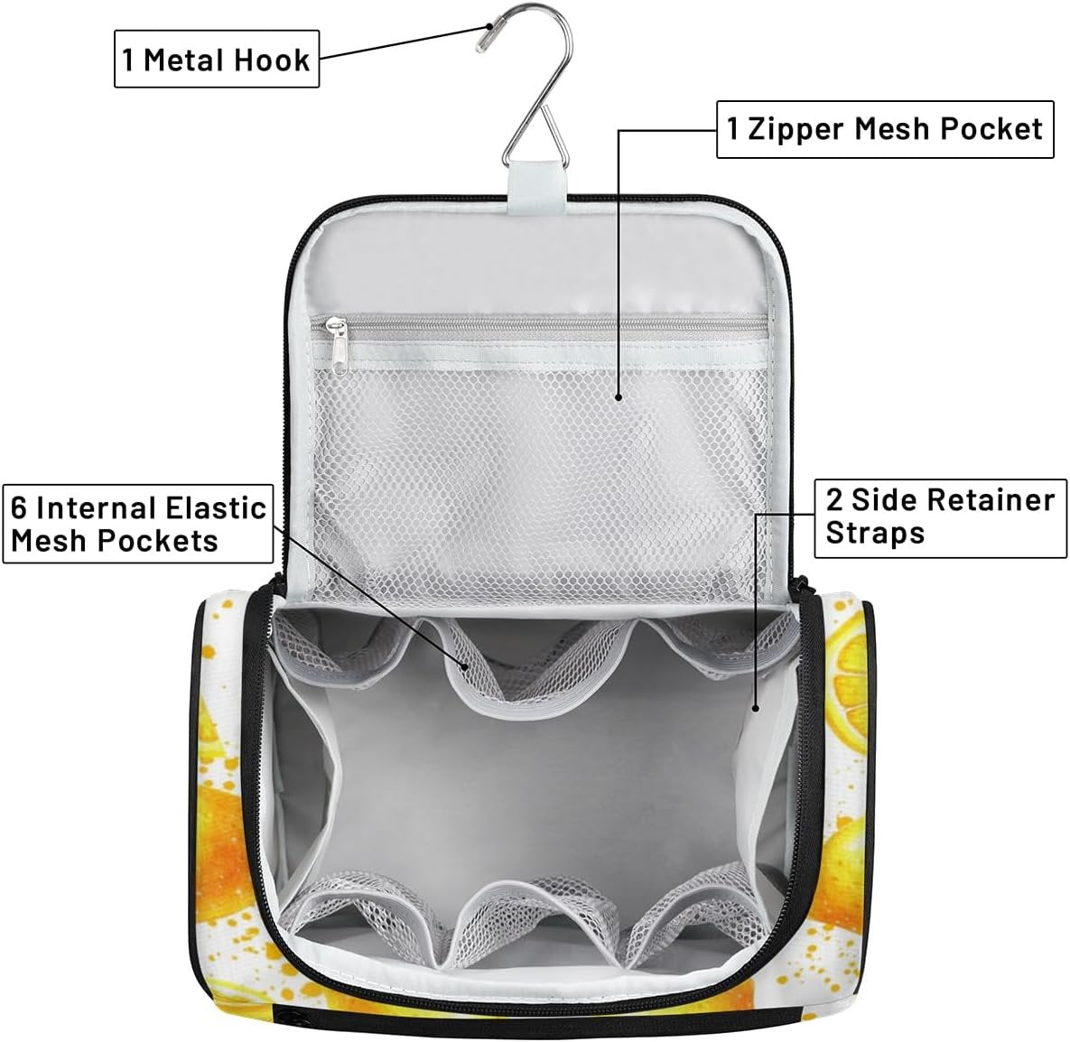 Lemon Fruit Travel Toiletry Bag for Men and Women Yellow Large Hanging Toiletry Organizer Waterproof Hygiene Bag with Metal Hook, Lemon Fruit, 10.2 x 6.5 x 9.2 inches