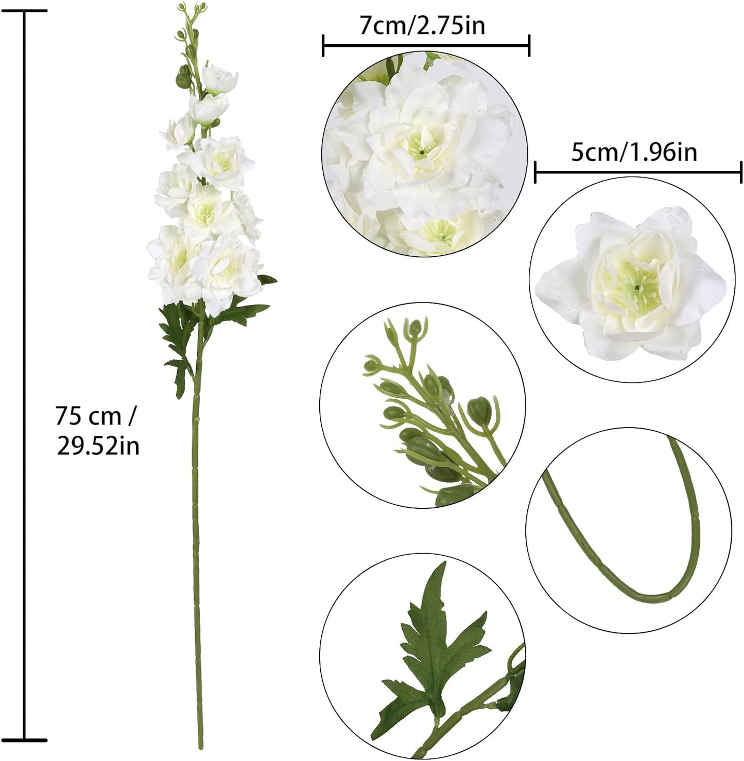 Rzoukler White Delphinium Artificial Flower 6PCS Larkspur Silk Delphinium Flowers 29.52" Long Stem Fake Flower for Tall Vase Wedding Floral Arrangements Home Table Decor(White)