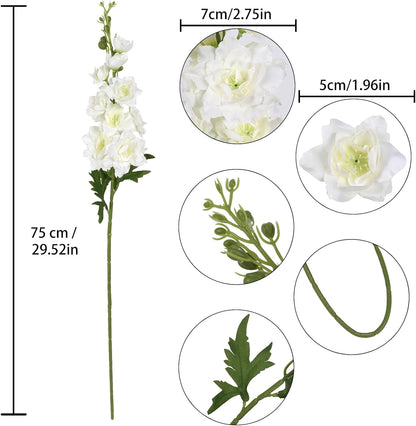 Rzoukler White Delphinium Artificial Flower 6PCS Larkspur Silk Delphinium Flowers 29.52" Long Stem Fake Flower for Tall Vase Wedding Floral Arrangements Home Table Decor(White)