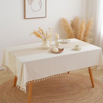 AMZALI Table Cloth, Rectangle Tablecloth Washable Cotton Linen Tablecloths Crochet Patchwork Table Cover with Tassle for Kitchen, Dining Tabletop Decoration 55''x70'' Beige
