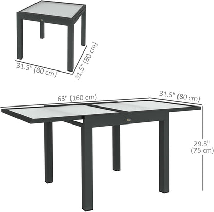 Outsunny 63" Extendable Outdoor Dining Table Patio Table with Aluminum Frame and Tempered Glass Tabletop, Clear
