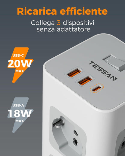 TESSAN Girgio Power Strip with USB 20 W, Electric Power Strip with 8 IT 16A Sockets, Overvoltage Protection Power Strip with Switch and 2 Metres Electrical Extension, 3680 W Socket, Girgio