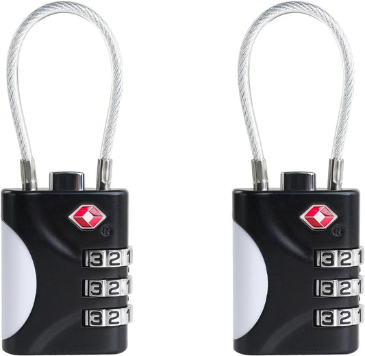 UP Security TSA Approved Luggage Locks - Small Combo Travel Padlock with Cable, TSA 007 Suitcase & Backpack Security, Durable & Easy to Use (Black+Black)