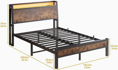 ZGEHCO Full Size Bed Frame with Ergonomic Headboard, Metal Full Bed Frame with Charging Station & LED Lights Double Bed Frame with Storage & Strong Steel Slats,No Box Spring Needed, Rustic Brown