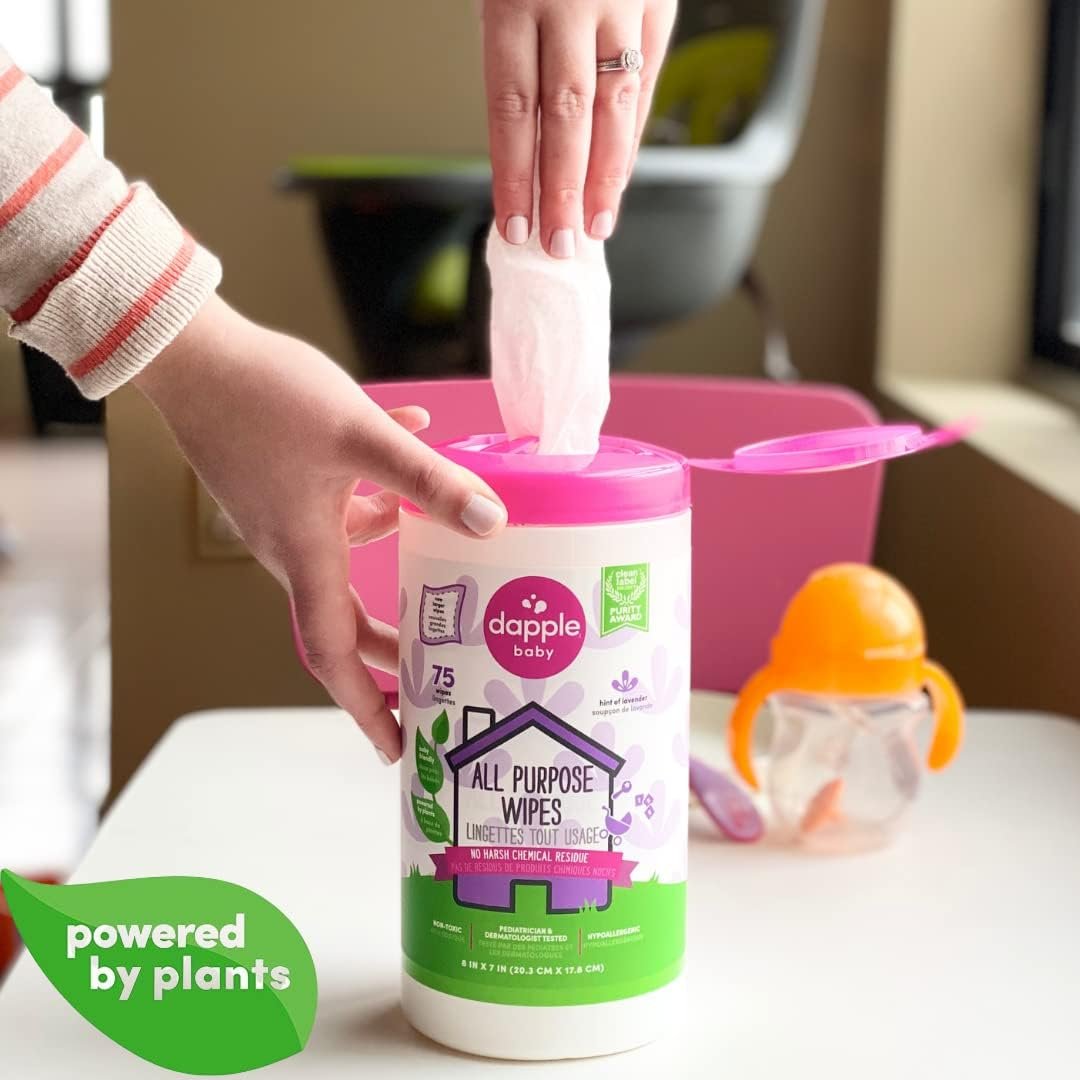 Dapple Baby - All Purpose Cleaning Wipes, Baby Safe, Natural Toy and High Chair Wipes, Plant Based, Sweet Lavender Scented - 75 Count