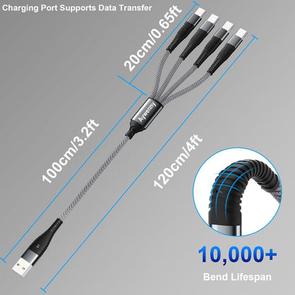 Aywenny Multi Charging Cable 2Pack 4FT Nylon Braided Universal 4 in 1 Multiple USB Cable 3A,with 4 USB-C Port Adapter,Compatible with Cell Phones Tablets Universal Use for Galaxy S22 S20 S9 (Grey)