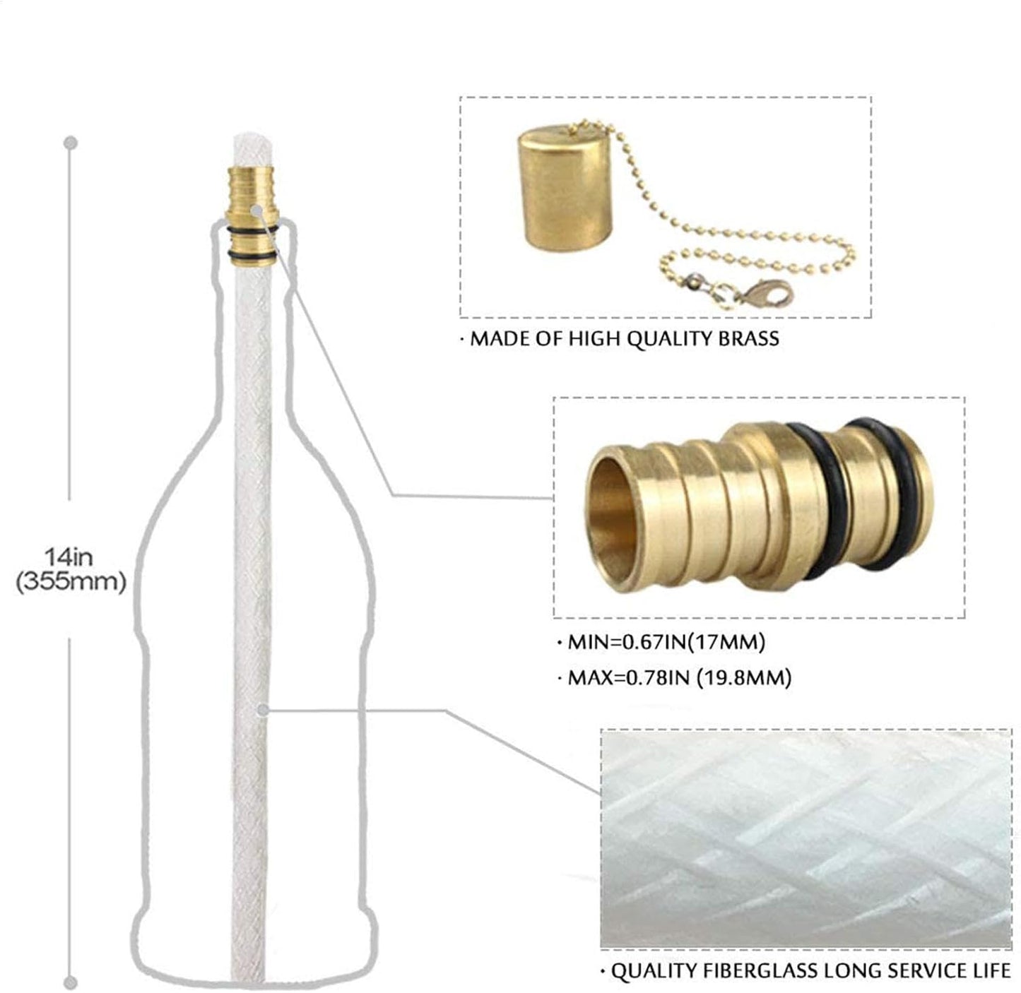 Brass Torch Wick Kit – Oil Lamp Replacement Set with 8 Long-Lasting Wicks, Copper Cap & Brass Mount | Wine Bottle Torch Hardware for Patio, Garden, Tabletop Lighting and Outdoor Ambience