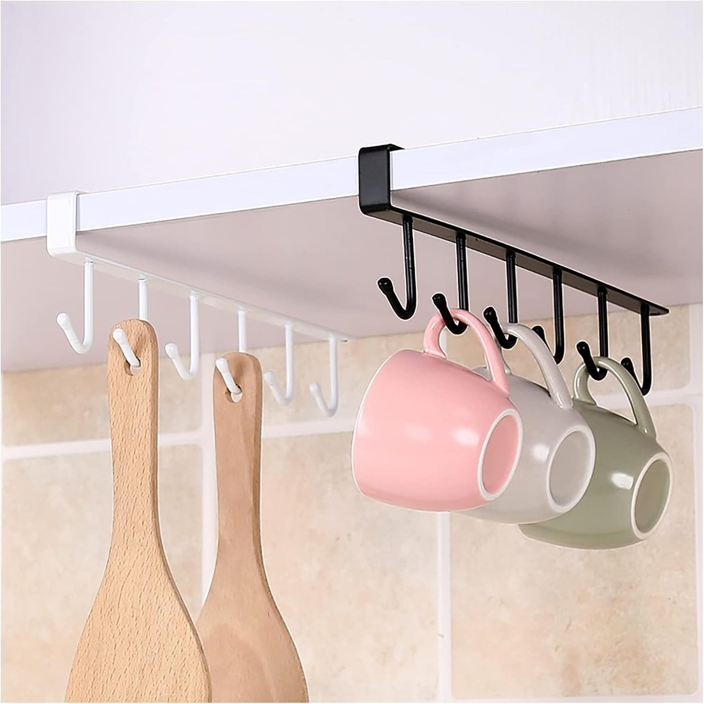 2 Pack Hanging Hooks Rack Cup Holder Under Cupboard Cabinet Coffee Mug Holder 6 Hooks Drilling Free Coffee Cups Holder Kitchen Utensil Storage Organizer Hook Rack