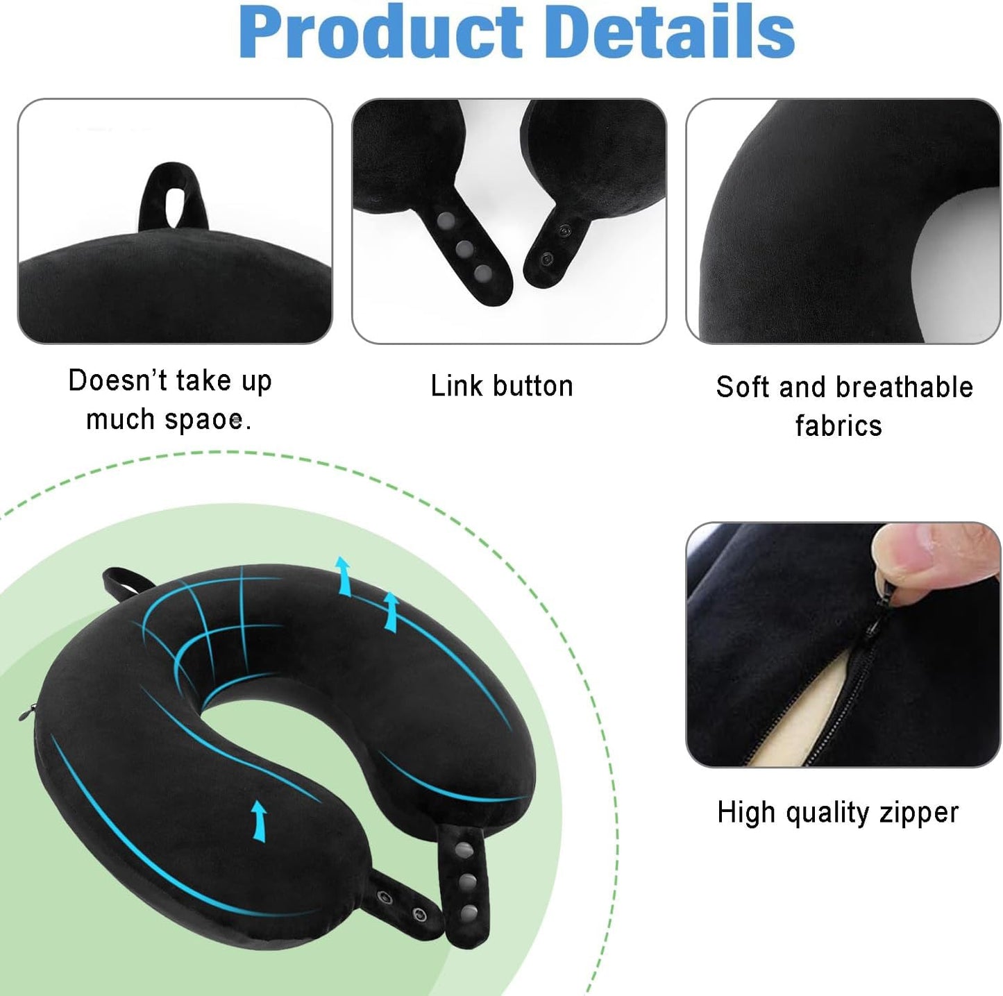 Travel Neck Pillow - Memory Foam Airplane Pillow, Soft Adjustable for Comfort on Planes, Cars, Home Recliners, Black