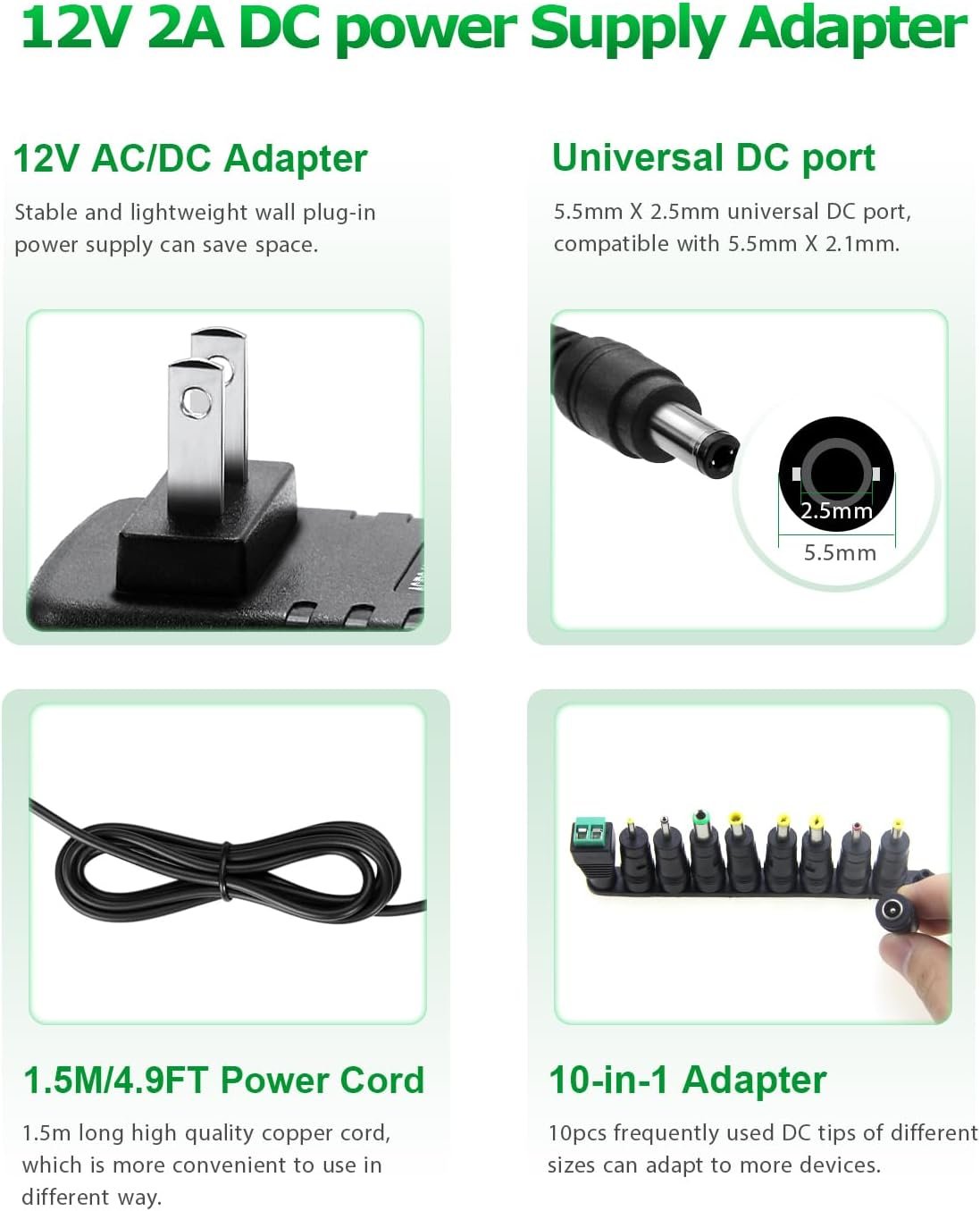 Arkare 12V Power Supply 2A AC/DC Adapter 12Volt Wall Charger Replacement Power Cord AC 100V-240V to DC 12Volt 2A 1.5A 1A Converter for Security Camera BT Speaker GPS Webcam Router Scanner with 10TIPS