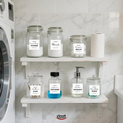 Minimalist Laundry Room Labels set, v2croft 48 White matte stickers on Clear Canisters, Home organization Stickers for cabinet & drawer, laundry room, linens & cleaning supplies(Water Resistant)