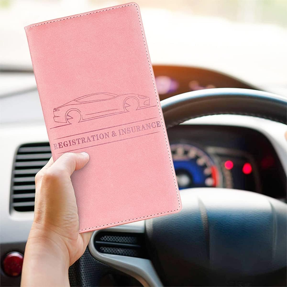 Car Registration and Insurance Card Holder, PU Glove Box Essential Documents Paperwork Driver License Organizer for Car, Wallet Case Auto Vehicle Truck Accessories for Women and Men（Rose Gold）