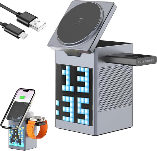 3-in-1 Wireless Charging Station with Bluetooth Speaker and Digital Alarm Clock & Dynamic Pixel Display, Magnetic Charging Station for Fast Charging of Phones, Watch, and Headphones