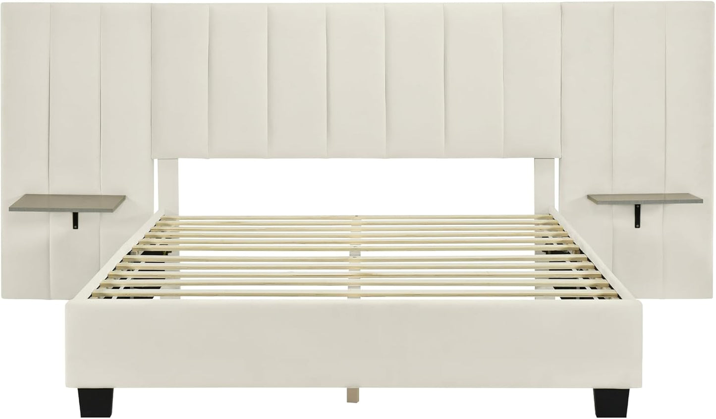 Moimhear Upholstered Bed, 160 x 200 cm, Double Bed with Extended Headboard and Backrest, Shelves on Both Sides of Headboard, Boys Velour Bed (Beige)