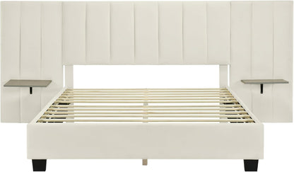 Moimhear Upholstered Bed, 160 x 200 cm, Double Bed with Extended Headboard and Backrest, Shelves on Both Sides of Headboard, Boys Velour Bed (Beige)