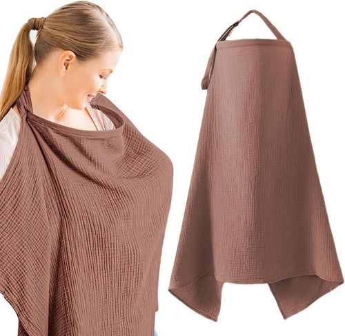 Muslin Nursing Cover for Breastfeeding, Soft&Breathable Cotton Breastfeeding Cover for Women,Privacy Nursing Covers with Arch Neckline Adjustable Hoop for Mother Nursing Apron (Coffee)