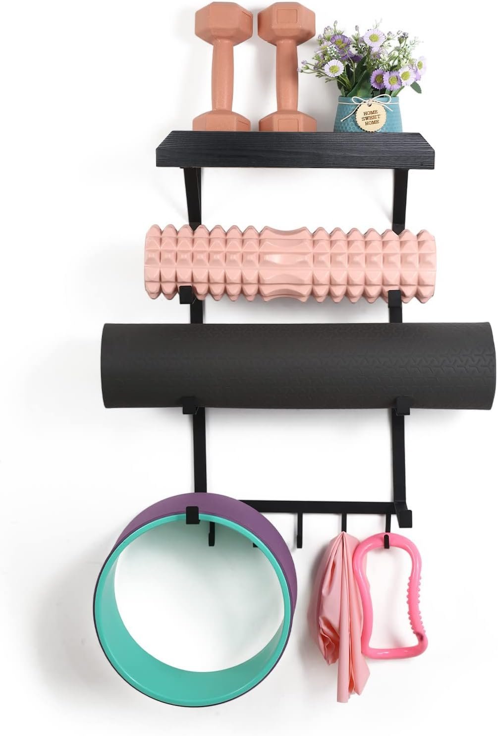 DOCMON Yoga Mat Holder Wall Mount,17" x 28" Yoga Mat Rack Home Gym Accessories, Storage for Foam Roller, with Wood Floating Shelves and 5 Hooks for Hanging Yoga Strap and Resistance Bands (Black)