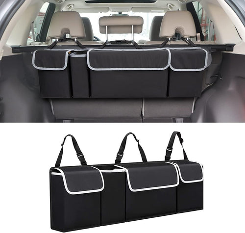 XINLIYA Car Trunk Organizer, Auto Waterproof Sturdy Backseat Hanging Large Storage Collapsible Cargo Bag with Anti-Slip Adjustable Strip&4 Pockets (Organizer Black2)