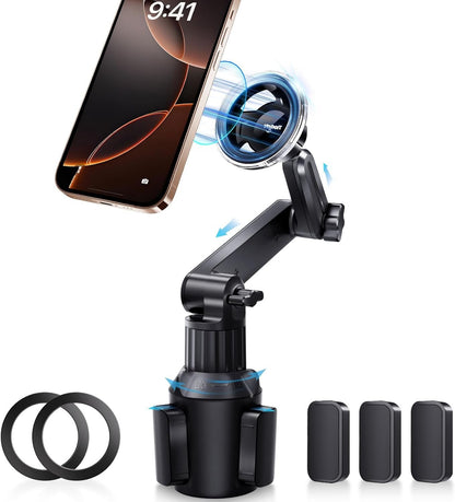 For MagSafe Cup Phone Holder: Magnetic Cupholder Car Mount Compatible with Tesla Truck Vehicle SUV - 360° Adjustable Long Neck Mag Safe Cell Phone Cradle with Expandable Base for iphone Samsung Google