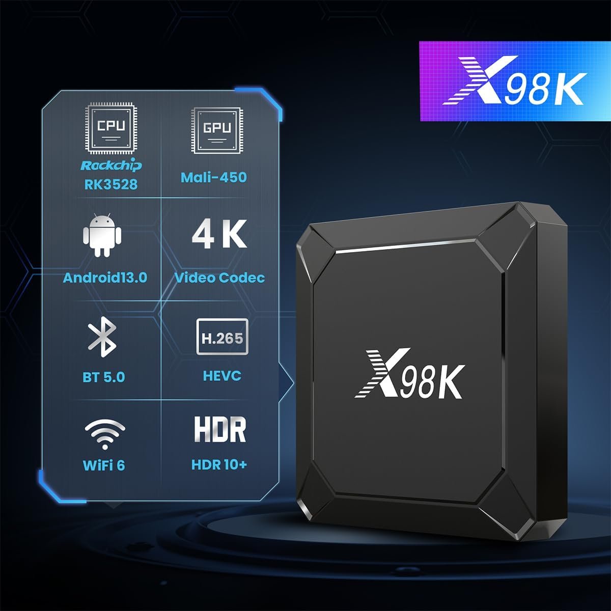 Android 13.0 TV Box, LEFFOT X98K Smart 4K Ultra HD Streaming Device for TV with HDR10+, Rockchip RK3528A Quad-Core ARM Cortex-A53, 4GB RAM 32GB ROM, Dual-Band WiFi 6, BT5.0